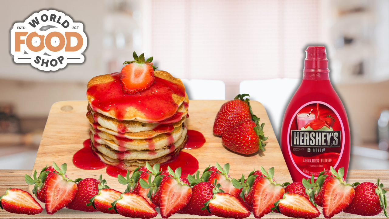 Fluffy Strawberry Pancakes with Hershey’s Strawberry Syrup