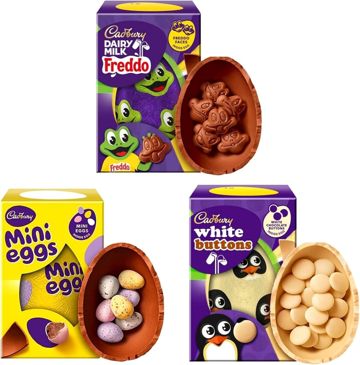 Easter Chocolate Bundle 2025 – Cadbury Mini Eggs 97g, Freddo 96g & White Buttons 98g